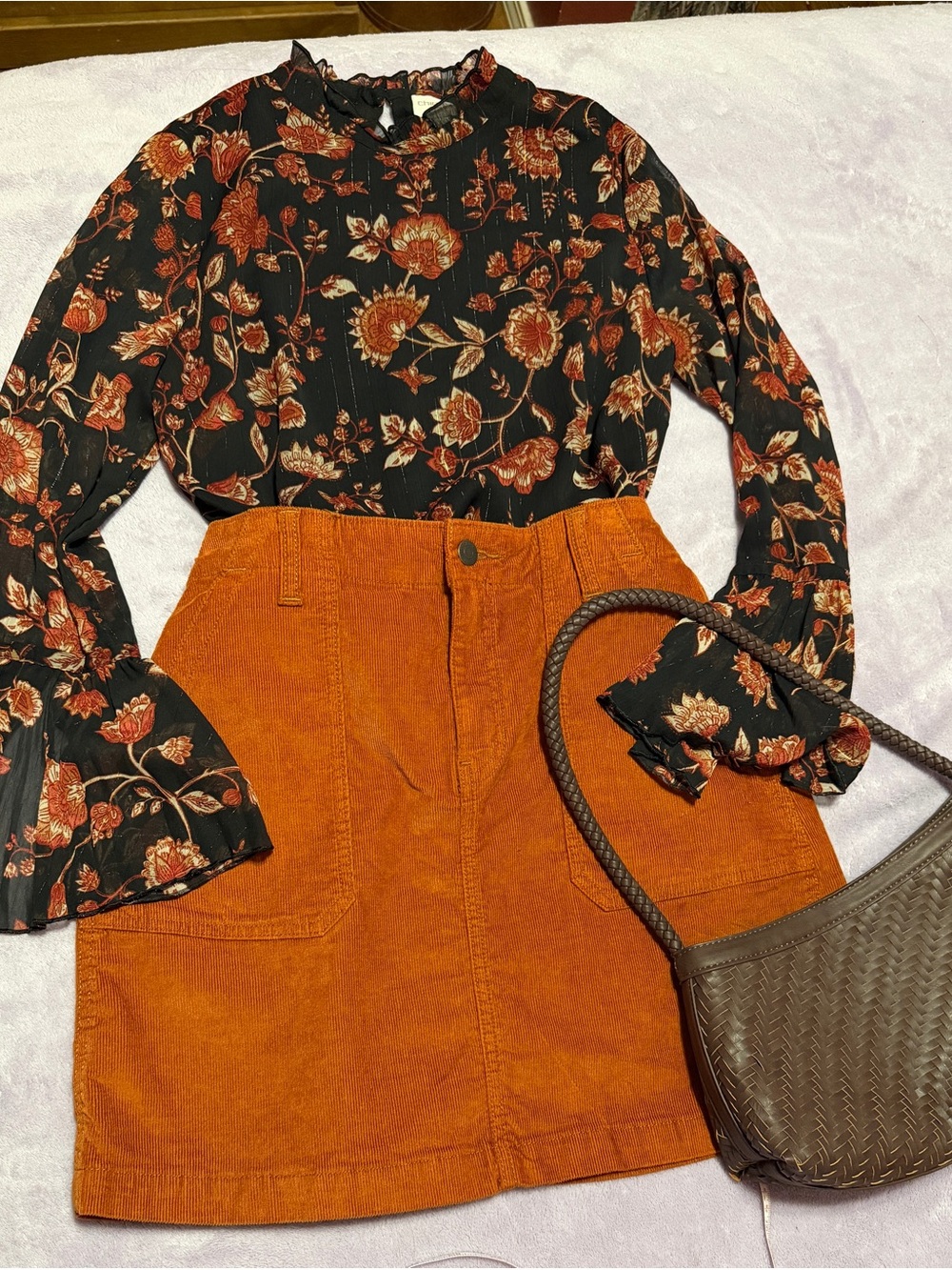 Chico's Black Blouse with Rust and Cream Floral Print size 0